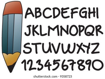 Alphabet with hand script and pencil