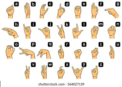 Alphabet hand signs and signals language English finger spelling for all letters