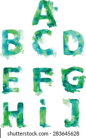 Alphabet , hand-drawn blue-green and turquoise shades on a white background