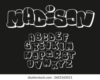 Alphabet in hand-drawn street graffiti style. Inflated letters vector graffiti alphabet on a black background