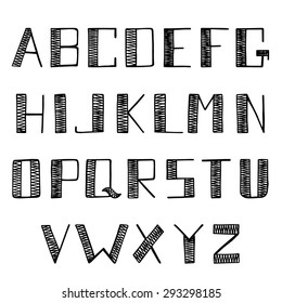 Alphabet hand-drawn white and black vector set. English alphabet