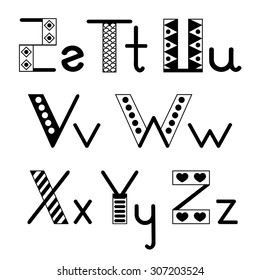 Alphabet hand-drawn white and black vector set. Letters S-Z