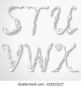 Alphabet handmade of white letters with shadow on a gray background. Logo, symbol, icon, template, design element. Vector illustration. Part 4.