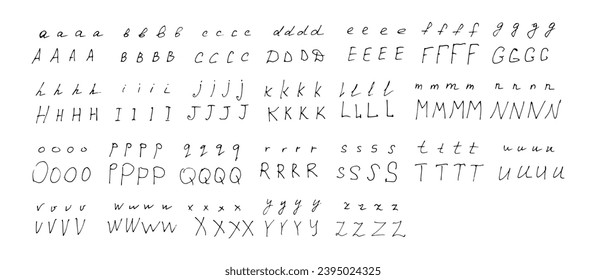 Alphabet is handwritten in black pen scrawl on white background. Doodle style English letters are uppercase and small in different styles.