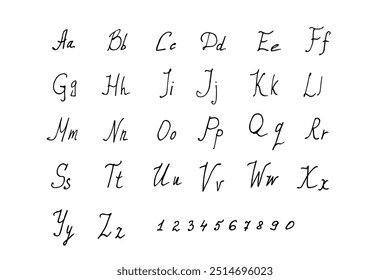 Alphabet is handwritten in black pen scrawl on white background. Doodle style English letters are uppercase and small in different styles.