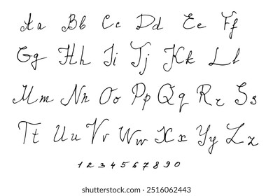 Alphabet is handwritten in black pen scrawl on white background. Doodle style English letters are uppercase and small in ornate style.