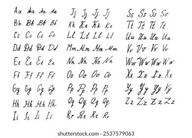 Alphabet is handwritten in black pen scrawl on white background. Doodle style English letters are uppercase and small in different styles.