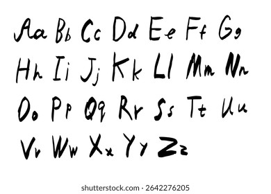 O alfabeto é escrito à mão em caneta preta sobre fundo branco. As letras em inglês do estilo Doodle são maiúsculas e pequenas em estilo primitivo.