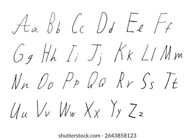O alfabeto é escrito à mão em caneta preta sobre fundo branco. As letras em inglês do estilo Doodle são maiúsculas e pequenas em estilo primitivo.