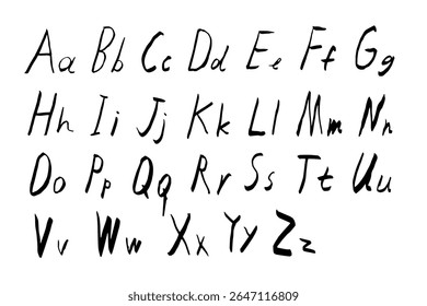 Alphabet is handwritten in black pen scrawl on white background. Doodle style English letters are uppercase and small in primitive style.