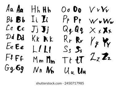 Alphabet is handwritten in black pen scribbles on white background. Doodle style English letters are uppercase and small in different styles.