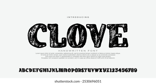 Alfabeto Fonte Grunge Em Negrito Manuscrito. Fonte Rústica.Textura Fonte Afligida. Fonte áspera. Maiúsculas. Número . Para a marca de moda filme de esporte Design de filme .Vetor ilustração