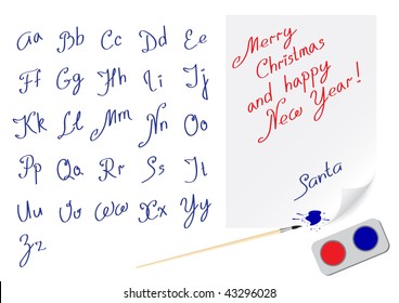Alphabet hand-written font for writing and example of text