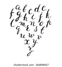 alphabet handwritten, letters written by hands, alphabet in the shape of a heart, black on a white background, painted by brush, vector
