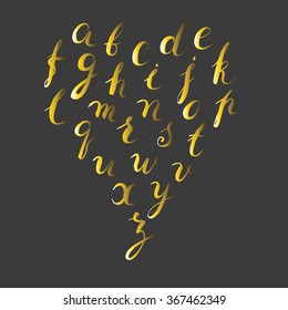 alphabet handwritten, letters written by hands, alphabet in the shape of a heart, gold on a black background, painted by brush, vector