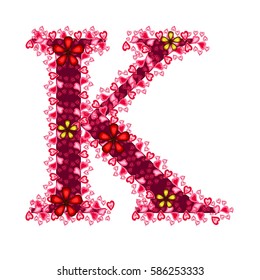 Alphabet of hearts. K Red letter with hearts and flowers for your design. Flat color style. Vector illustration