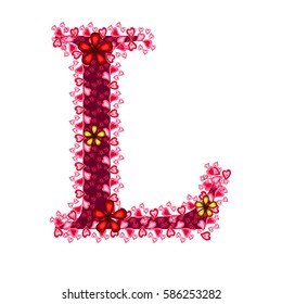 Alphabet of hearts. L Red letter with hearts and flowers for your design. Flat color style. Vector illustration