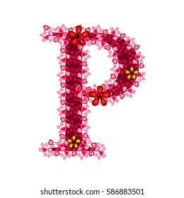 Alphabet of hearts. P Red letter with hearts and flowers for your design. Flat color style. Vector illustration