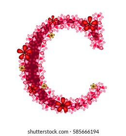 Alphabet of hearts. Red letter with hearts and flowers for your design. Flat color style. Vector illustration