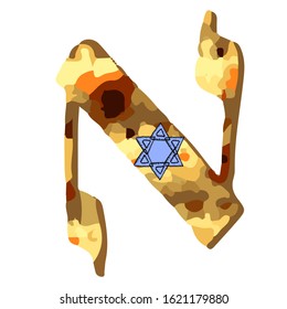 Alphabet Hebrew Passover matzah. Hebrew letter Pesach. Calligraphy font. Jewish Easter. Texture matzo. Vector illustration on isolated background.