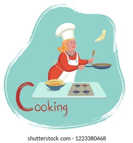 Alphabet Hobbies. Letter C – Cooking.
Cheerful cute blonde girl is cooking pancakes. Vector illustration with texture in cartoon style.