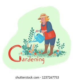 Alphabet Hobbies. Letter G – gardening
Cheerful cute blonde girl is watering flowers in the garden. Vector illustration with texture in cartoon style.