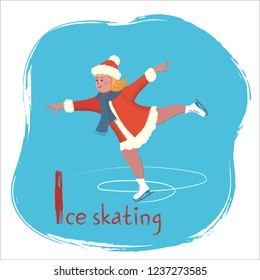 Alphabet Hobbies. Letter I - ice skating
Cheerful cute blonde girl is skating. Vector illustration with texture in cartoon style.