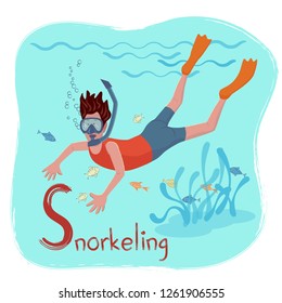 Alphabet Hobbies. Letter S – Snorkeling
Cheerful man in mask is swimming under water using a snorkel. Vector illustration with texture in cartoon style.