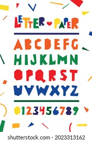 Alphabet for holiday poster, colorful art and craft design, cut out with paper scissors. Vector illustration. Letter paper abc.