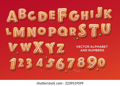 Alphabet holidays ginger cookie alphabet and numbers, isolated on red background. Merry Christmas and Happy New Year font cover by icing-sugar, vector illustration