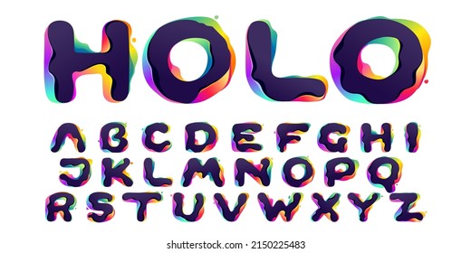 Alphabet with hologram glitch. Multicolor gradient icons set with color shift and illusion effect. Vector font perfect for your vibrant nightlife labels, video game screens, colorful identity.