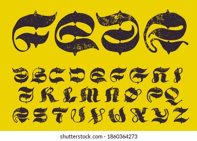 Сalligraphy alphabet in horror style with grunge texture. Stylish terrible font for your fear corporate identity, circus emblem, nightlife posters, medieval style design, and etc. 