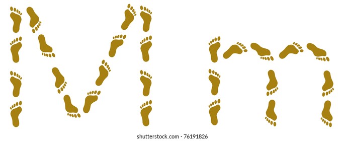 Alphabet from human footprint on sand, letter M