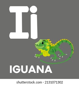 Alfabeto I, yo por iguana. Ilustración vectorial del personaje de caricatura de la tarjeta alfabética educativa para los niños.