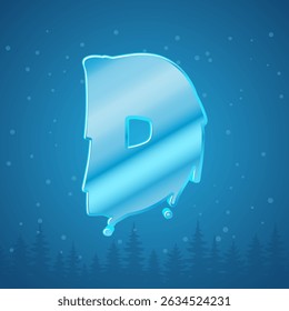 Alphabet ice letter D. Snowflakes and pine tree background