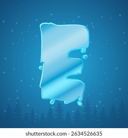 Alphabet ice letter E. Snowflakes and pine tree background
