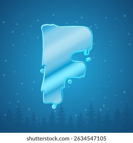 Alphabet ice letter F. Snowflakes and pine tree background