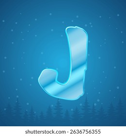 Alphabet ice letter J. Snowflakes and pine tree background