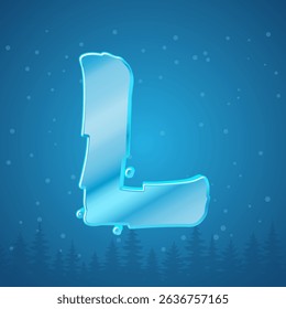 Alphabet ice letter L. Snowflakes and pine tree background