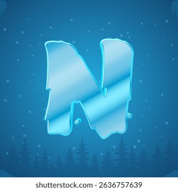 Alphabet ice letter N. Snowflakes and pine tree background
