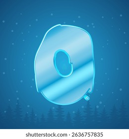 Alphabet ice letter O. Snowflakes and pine tree background