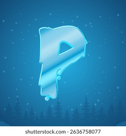 Alphabet ice letter P. Snowflakes and pine tree background