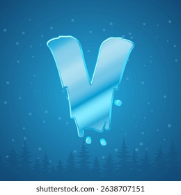 Alphabet ice letter V. Snowflakes and pine tree background