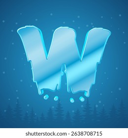 Alphabet ice letter W. Snowflakes and pine tree background