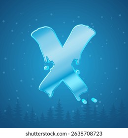 Alphabet ice letter X. Snowflakes and pine tree background