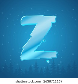 Alphabet ice letter Z. Snowflakes and pine tree background