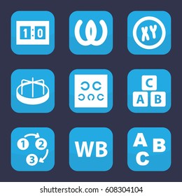 Alphabet icon. set of 9 filled alphabet icons such as ABC cube, child playground carousel, eye test, WB, sport score, 1 2 3, XY, ABC
