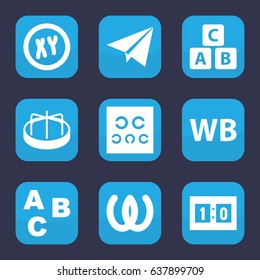 Alphabet icon. set of 9 filled alphabet icons such as abc cube, child playground carousel, eye test, wb, sport score, paper plane, xy, abc