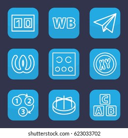 Alphabet icon. set of 9 outline alphabet icons such as ABC cube, child playground carousel, eye test, WB, 1 2 3, paper plane, sport score, omega