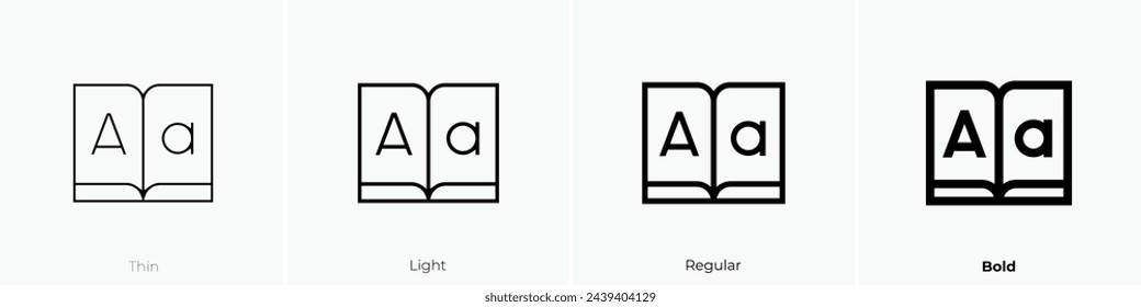 icono del alfabeto. Diseño de estilo fino, ligero, regular y audaz aislado sobre fondo blanco